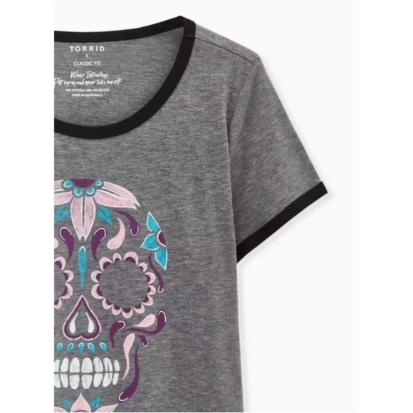 torrid | Tattoo Print Classic Fit Ringer Tee - Heather Grey - Picture 6 of 10